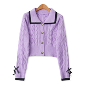 外贸女时尚 春秋新款 青春拼色翻领单排扣毛衣32978 毛衣 蝴蝶结开衫