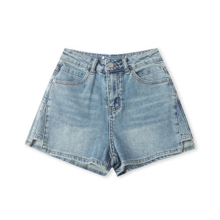 时尚 水洗棉牛仔短裤 女装 新款 休闲百搭高腰拉链纽扣阔腿33330 夏季
