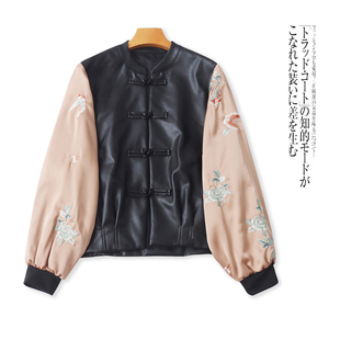小立领盘扣缎面刺绣拼袖 新中式 新女装 秋季 仿羊皮31939 国风外套