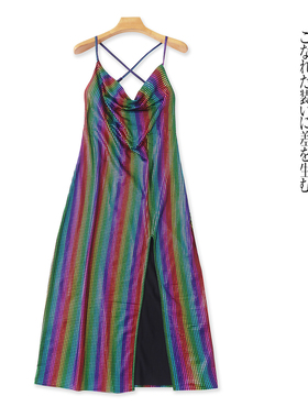 炫彩亮面抹胸吊带裙 夏新外贸女性感露背高腰包臀开叉连衣裙31813