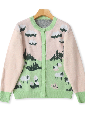 提花开衫毛衣 春秋新款外贸女装时尚圆领单排扣长袖复古毛衣32882