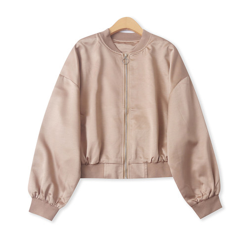 棒球服夹克外套 春秋新款外贸女装立领拉链长袖刺绣缎面外套33711