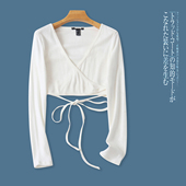 交叉V领长袖 短款 纯色显瘦上衣32303 新款 外贸女装 系带针织衫 秋季