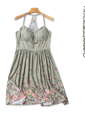 印花吊带裙 夏季新款外贸女装吊带可调带胸垫蕾丝拼露背短裙31085