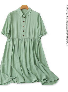 人棉连衣裙 夏季新外贸女装时尚减龄翻领纽扣套头短袖中长裙29112