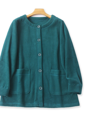 日单摇粒绒开衫外套 秋冬新款大码女装圆领单排扣长袖双口袋32247