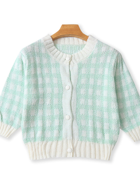 拼色格子短袖毛衣   夏秋新女装时尚青春圆领单排扣短袖开衫32507