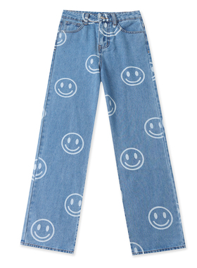笑脸直筒牛仔裤   春秋新款女装高腰拉链纽扣窄版阔腿休闲裤32995