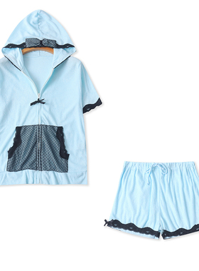 日单 连帽短袖开衫+松紧腰短裤 蕾丝拼套装春夏新款时尚显瘦31164