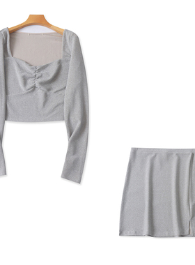 时尚亮丝套装  法式领套头长袖上衣+包臀短裙春新女纯色弹力30995