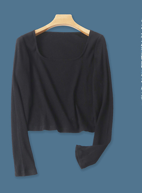 针织棉T恤  春秋新款外贸女装方领套头长袖内搭外穿短款T恤28819