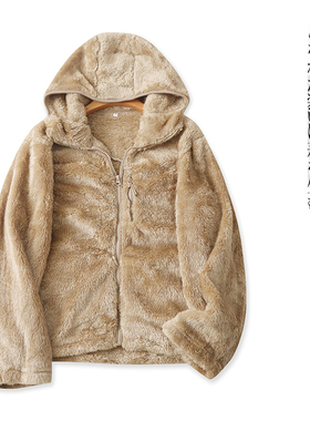 毛绒外套 冬季新款外贸女装时尚减龄连帽领拉链长袖开衫外套27724