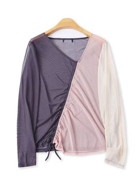 拼色面膜打底衫 夏季新款女装时尚不规则领套头长袖抽绳系带31360