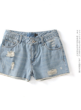 牛仔短裤 夏新款外贸女时尚自然腰纽扣拉链口袋毛边休闲短裤28229
