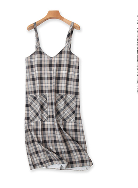 格子背带裙  夏秋新外贸女装时尚背带可调节口袋直筒中长裙31724