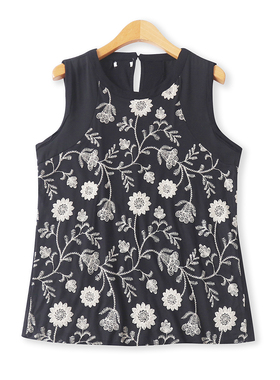 网纱刺绣拼接无袖小衫 夏季新款外贸女装圆领一粒扣套头大码32486