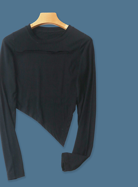 破洞不对称打底T恤  春秋新款女装时尚修身圆领套头长袖短款27953