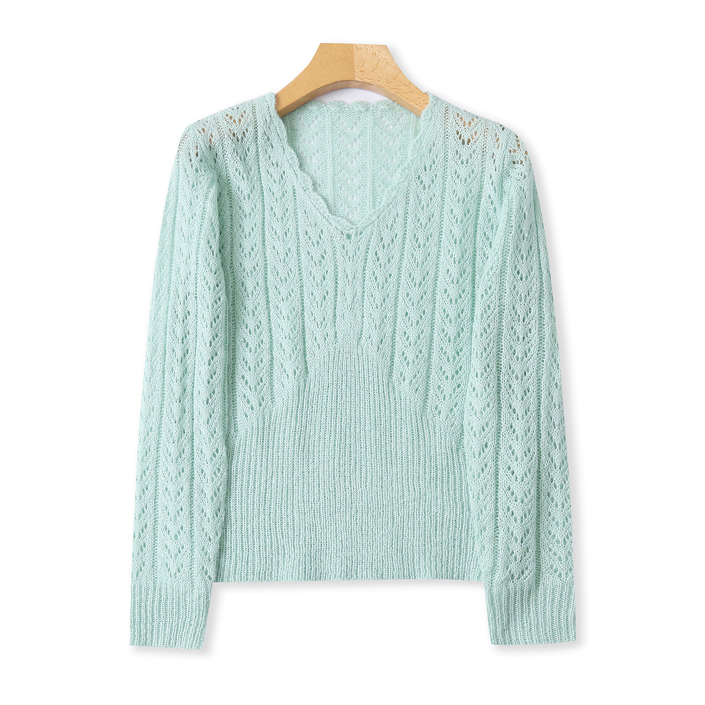 镂空针织衫  春秋新款外贸女装时尚修身V领套头长袖修身毛衣32896