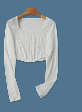 露脐棉T恤 春秋新外贸女装修身方领套头长袖内搭外穿短款T恤28486