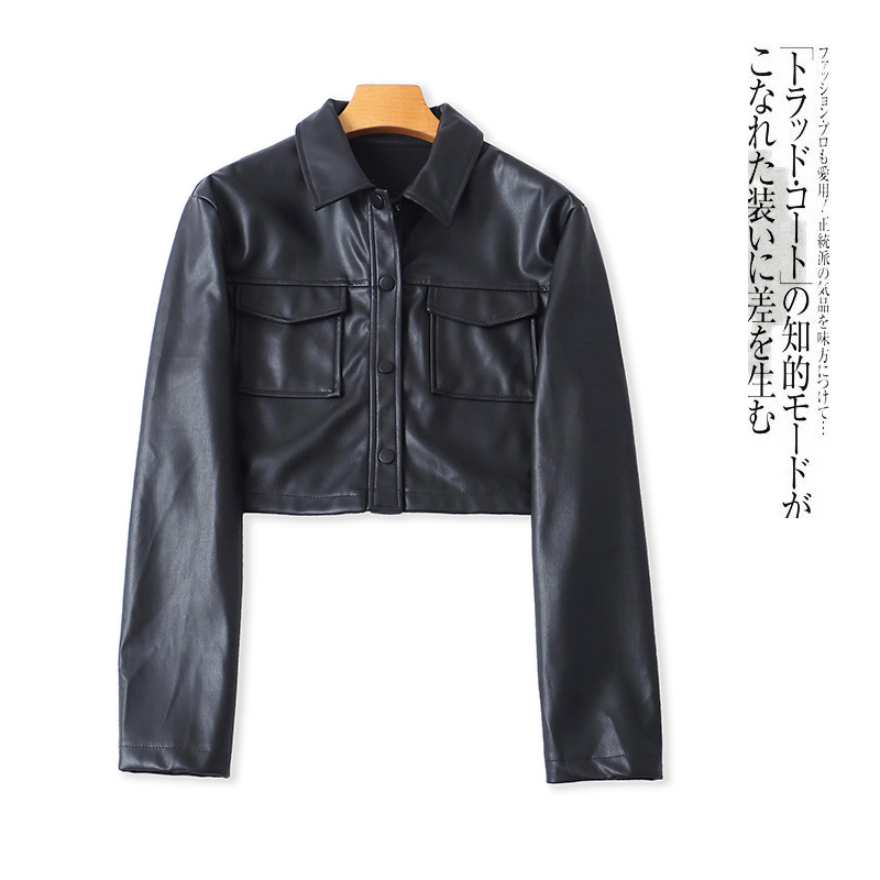 pu软皮短外套 秋季新外贸女装时尚宽松翻领单排摁扣长袖上衣31673