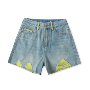 时尚 拼色牛仔短裤 外贸女装 新款 高腰拉链纽扣破洞阔腿33328 夏季