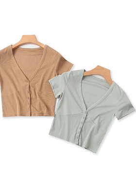 短款开衫T恤  夏新款外贸女装时尚修身V领单排扣短袖弹力T恤24531