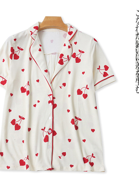 印花家居服  夏季新款外贸女装简约翻领单排扣短袖弹力上衣30681