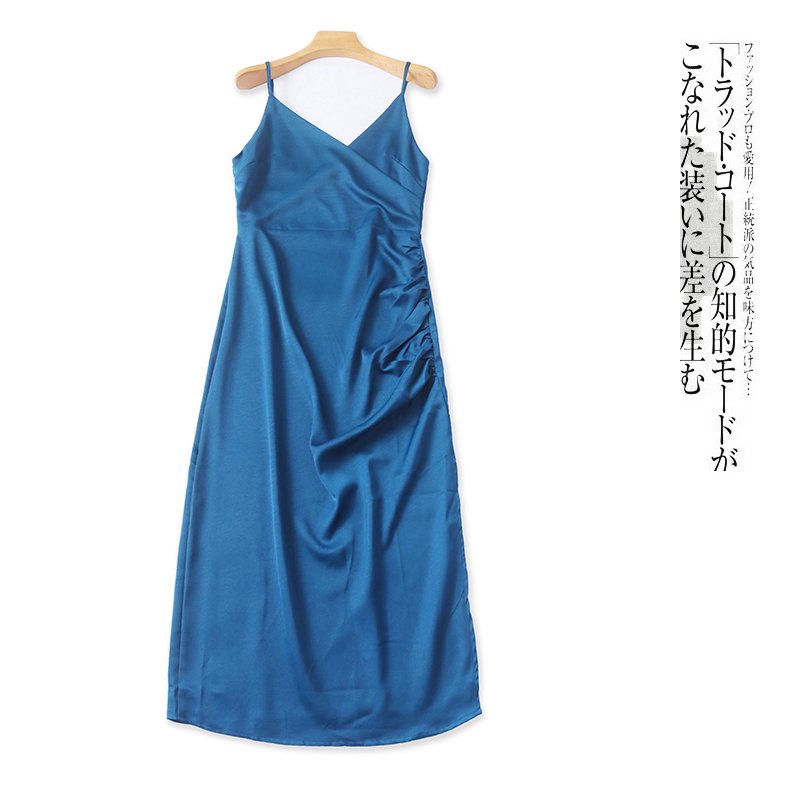 缎面吊带礼服裙 夏新外贸女装吊带可调节褶皱拼接高腰开叉裙30567