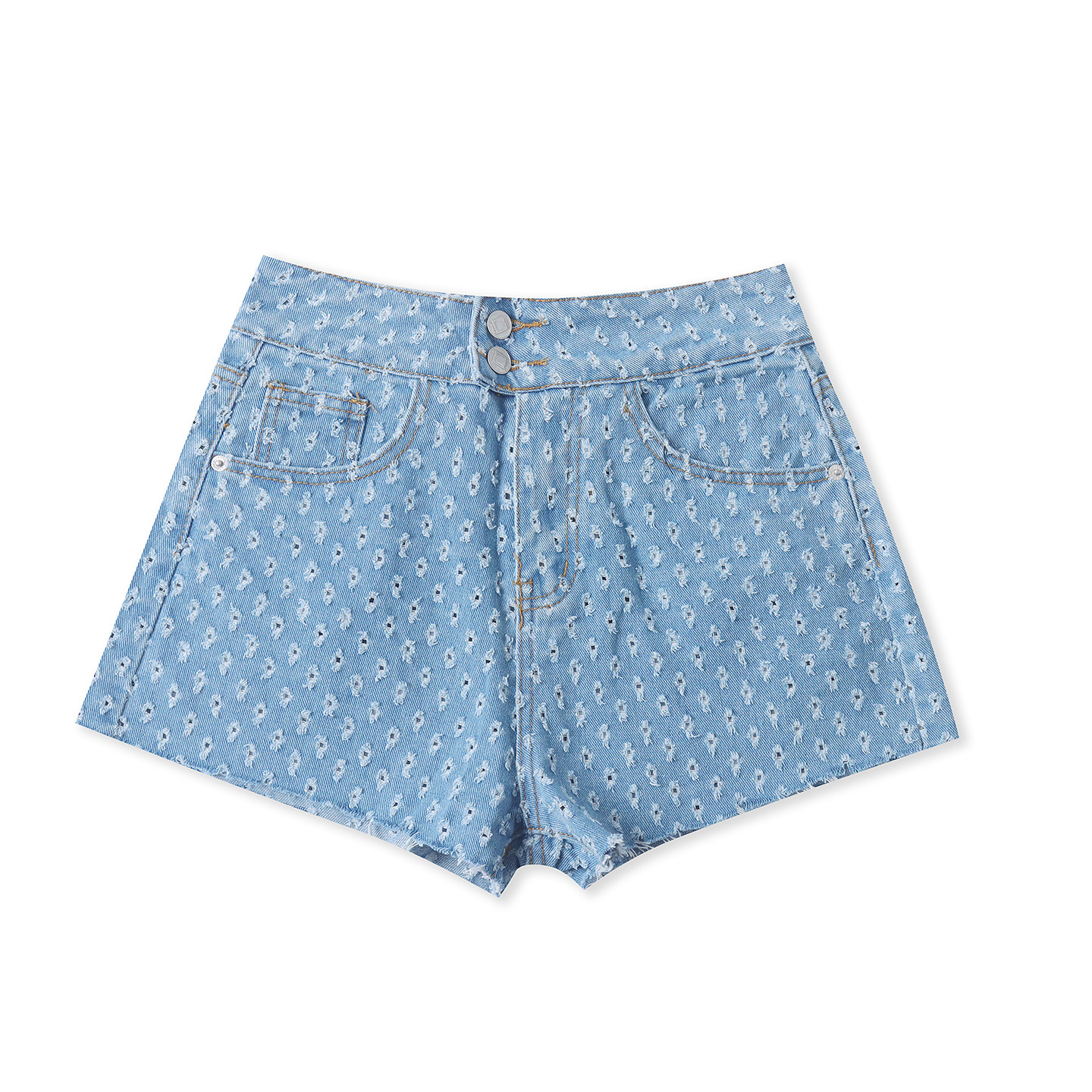 破洞牛仔短裤 夏季新款外贸女装时尚自然腰拉链纽扣阔腿短裤33184