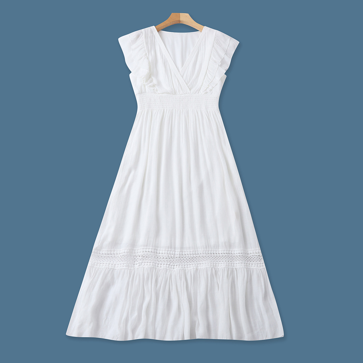 荷叶边连衣裙  夏季新款外贸女时尚修身V领松紧腰镂空中长裙33876