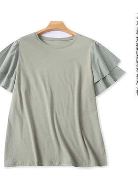 双层飞飞袖棉T恤 夏新外贸女时尚减龄圆领套头短袖大码上衣30943
