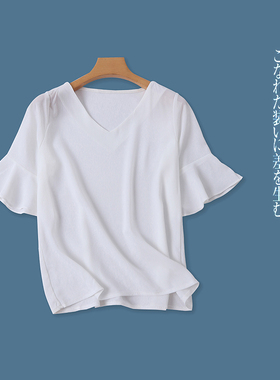 雪纺小衫  夏新外贸女装时尚V领套头短袖喇叭口纯色显瘦小衫28237