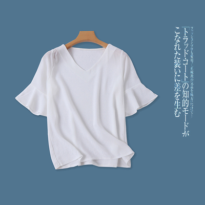 雪纺小衫  夏新外贸女装时尚V领套头短袖喇叭口纯色显瘦小衫28237