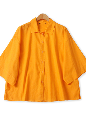 大版型棉麻衬衫  夏季新款外贸女装翻领单排扣短袖宽松衬衫32850