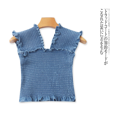 牛仔褶皱背心 夏秋新外贸女装时尚修身木耳边宽背带套头紧身31809
