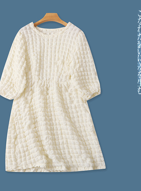 泡泡纱连衣裙 春秋新外贸女装时尚圆领套头七分袖松紧腰中裙29059