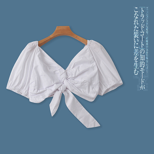 露脐小衫 新外贸女装 短款 夏季 系带蝴蝶结31971 扭结法式 领泡泡短袖