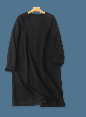 连衣裙  春秋新外贸女装时尚减龄V领长袖纯色弹力套头连衣裙27262