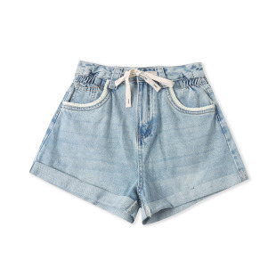 时尚 水洗棉牛仔短裤 女装 新款 百搭休闲高腰拉链纽扣阔腿33312 夏季