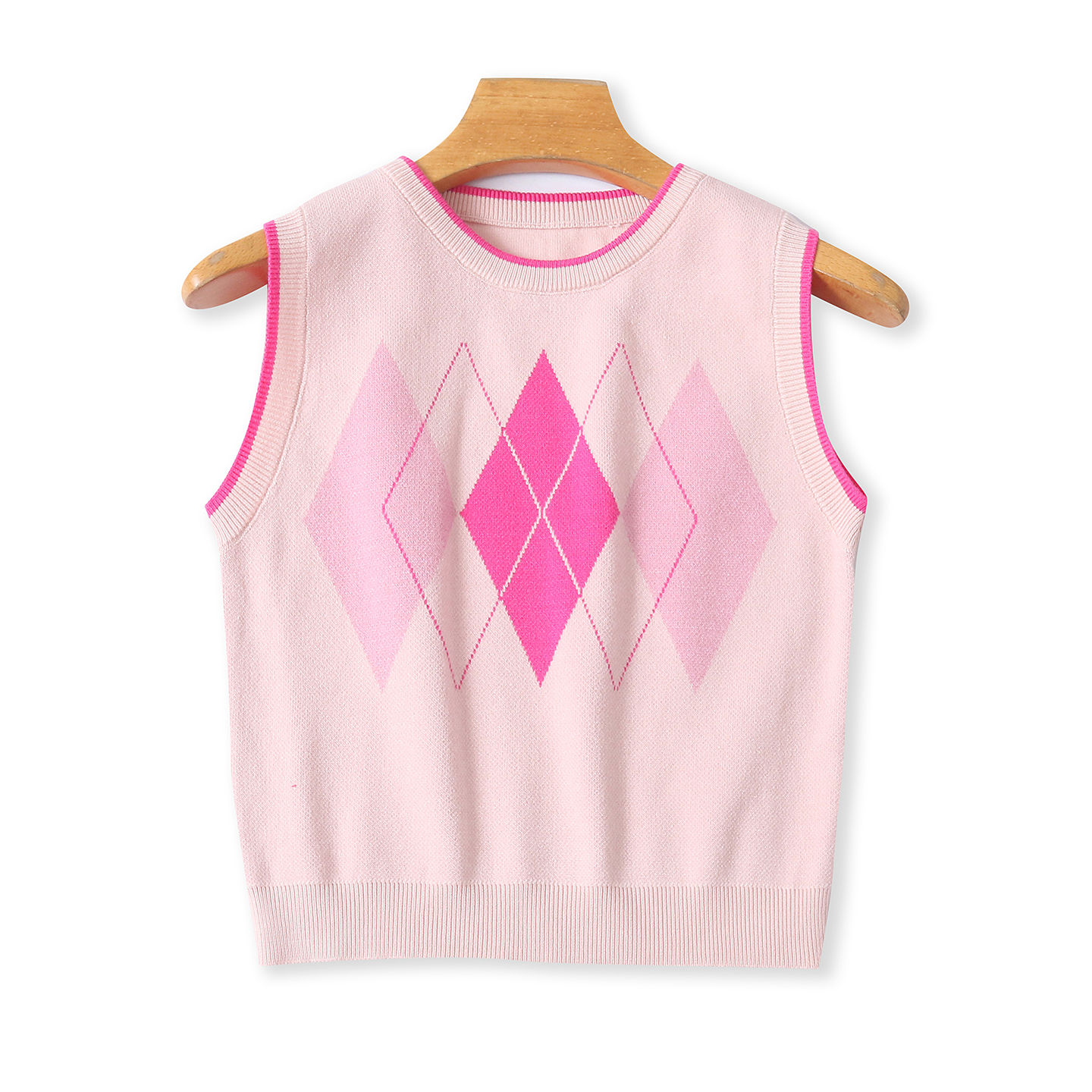 毛衣马甲  秋新外贸女装时尚V领套头撞色提花菱形格针织背心32574