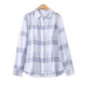 春新款 外贸女时尚 减龄翻领单排扣长袖 莱赛尔格子衬衫 衬衫 33384