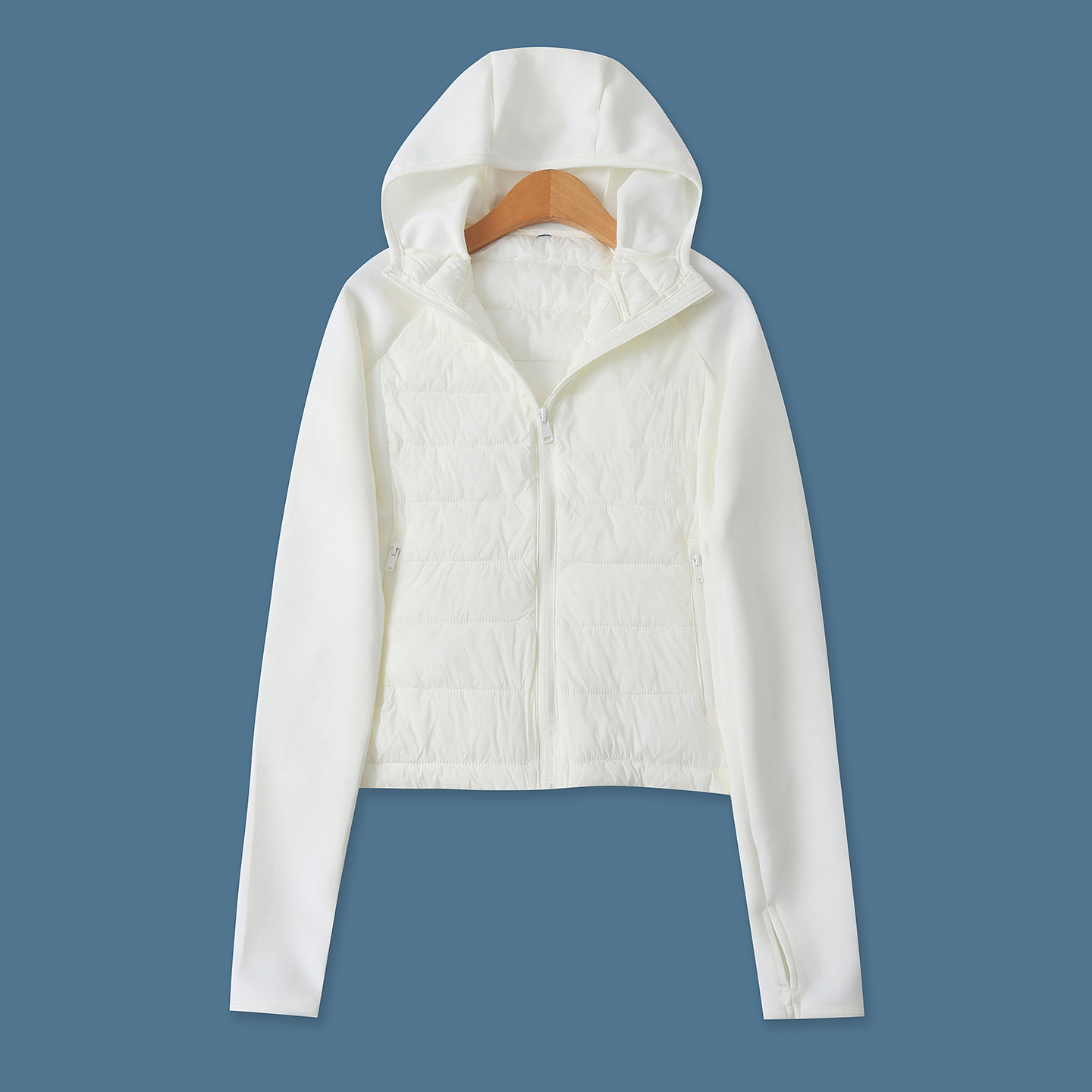 空气层拼接轻薄棉衣 秋冬新款外贸女装时尚立领拉链长袖口袋33086