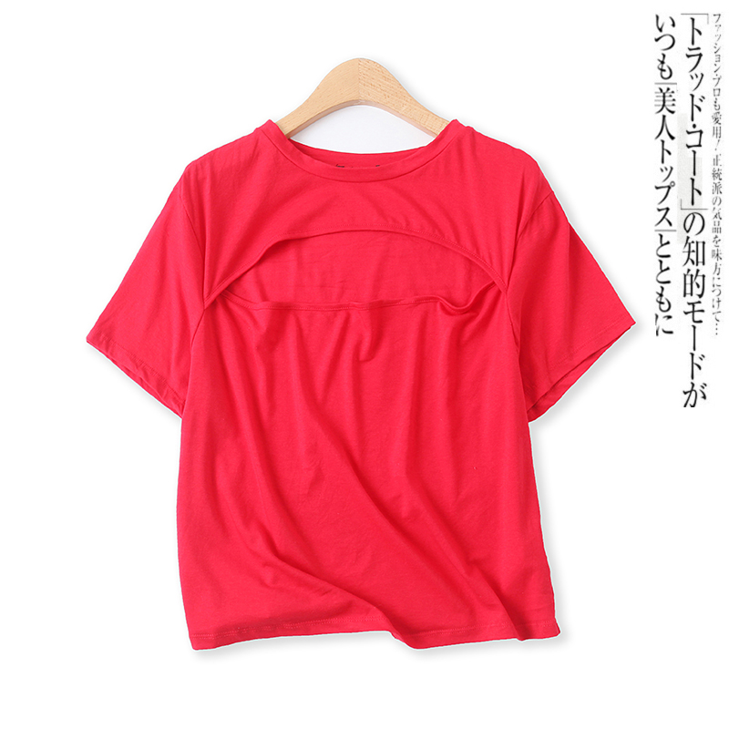 短袖棉T恤  夏季新款外贸女装时尚修身圆领套头镂空显瘦T恤31561