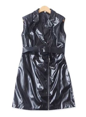 无袖pu皮裙 春秋新外贸女时尚修身西装领拉链腰带配饰连衣裙30583