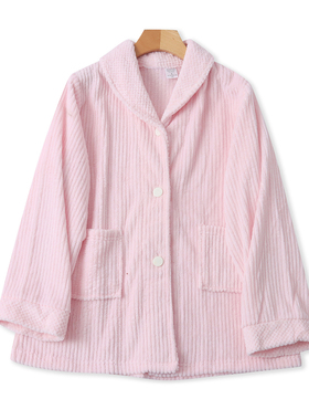 条纹毛绒居家服 秋冬新款外贸女装翻领单排扣长袖双口袋上衣33156