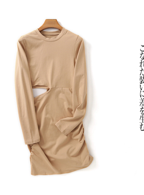 露腰连衣裙 春秋新女装修身圆领套头长袖松紧褶皱显瘦包臀裙27273