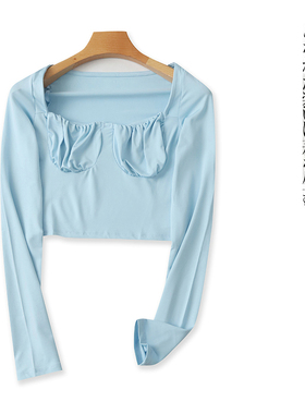 短款T恤  春秋新款女装时尚修身法式方领褶皱拼套头长袖T恤27977