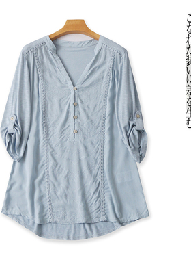 拼接刺绣小衫  夏季新款外贸女装时尚减龄V领纽扣套头七分袖29019