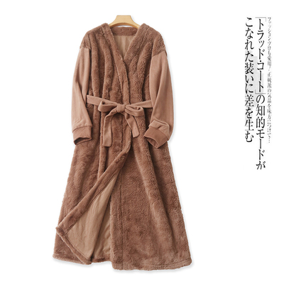 V领系带腰长袖中长款仿皮草外套