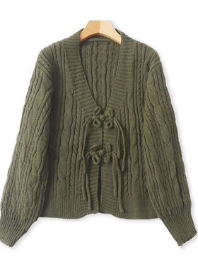 新中式国风毛衣  春秋新款外贸女装时尚V领盘扣长袖麻花毛衣33351